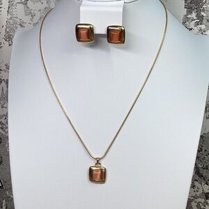 Necklace and Earring Set Orange Square Glass Pendant Gold Tone Dainty